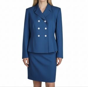 Le Suit Skirt Suit Size 8P Dark Cyan Double Breasted 3 Button Notch Collar Lined